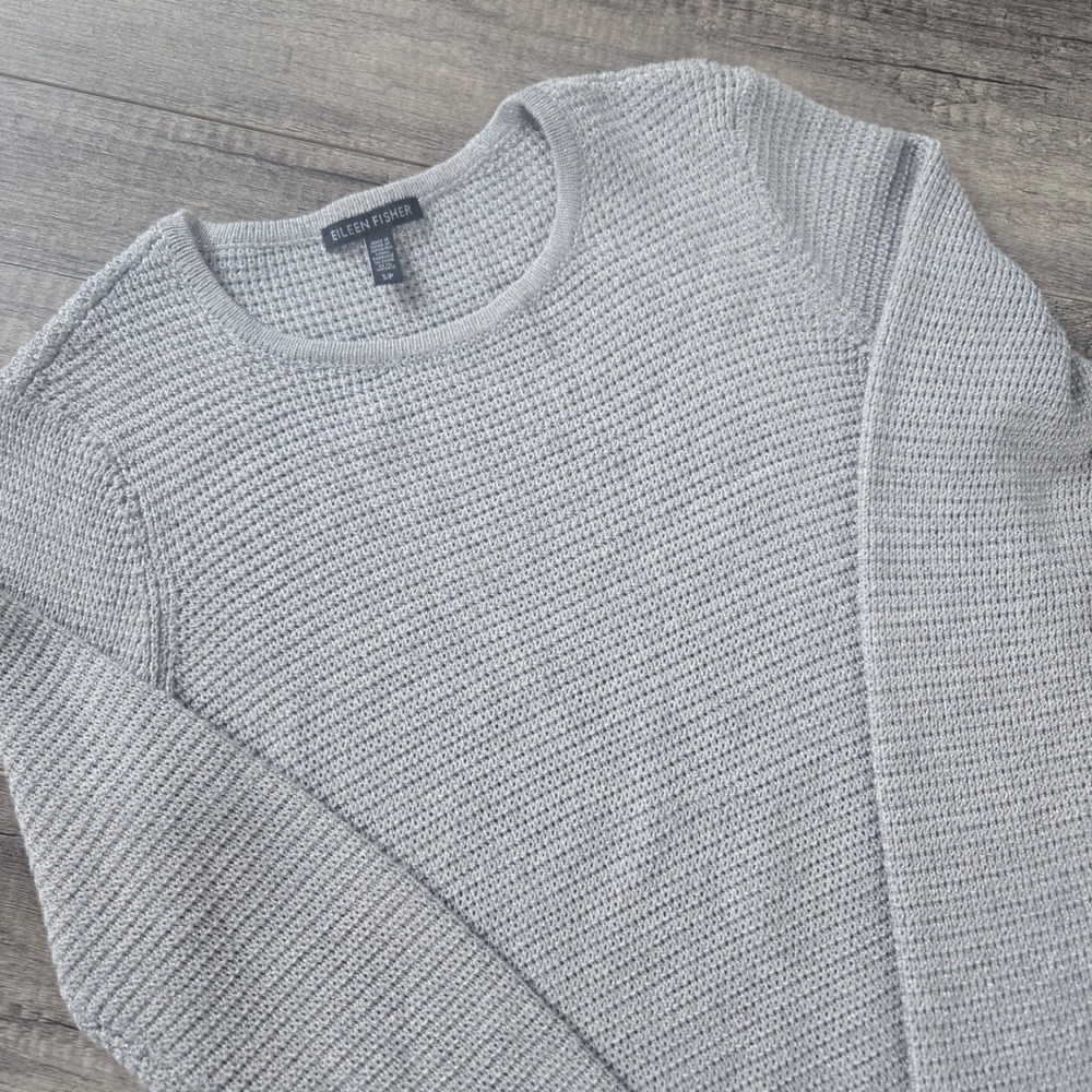 Eileen Fisher Silver Metallic Merino Wool Waffle Knit Crew Neck Sweater Small